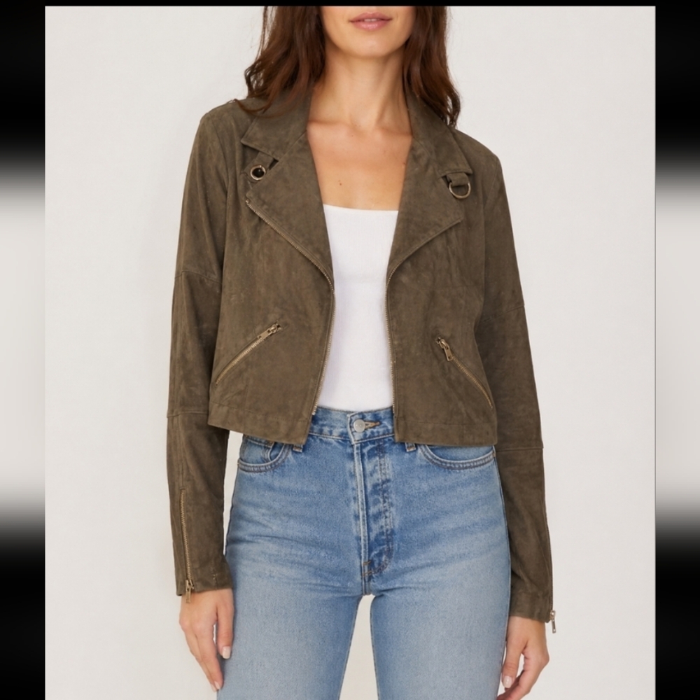 PRIVY Olive Green Faux Suade Crop Open Moto Jacket Zipper Detail Medium